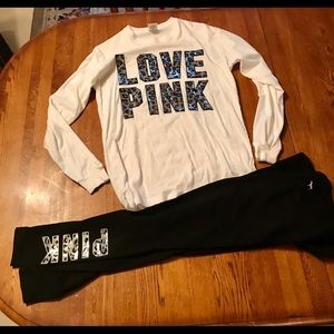 PINK long sleeve top and yoga pants set in XS